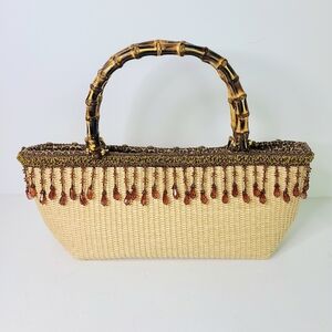 Louise Custom Made Straw Dangle Beads Bamboo Handle East West Bag